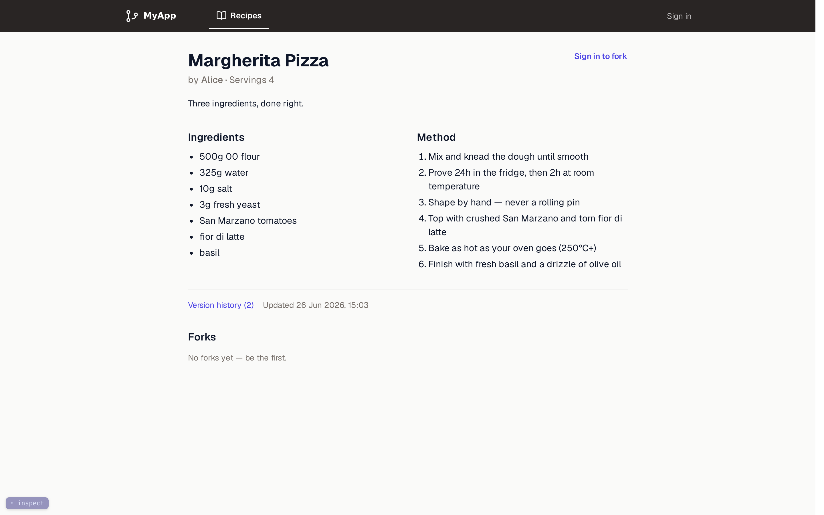 A server-rendered recipe page – title, author, ingredients, method, version history, and the forks section.