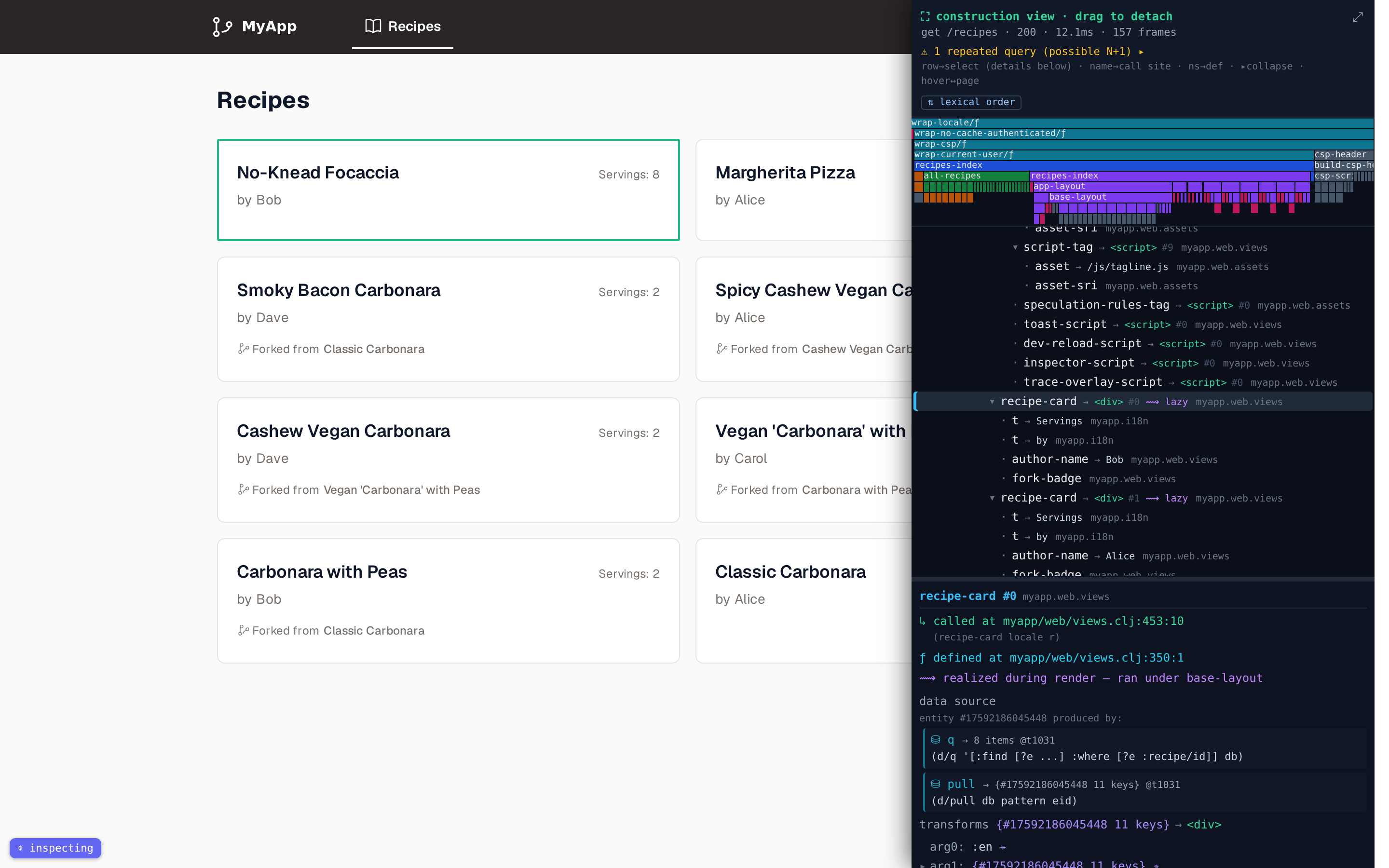 A recipe-card frame selected: the page card highlights, and the details pane shows where it was called, the entity its data came from, the d/q and d/pull behind that entity, and a db→map→hiccup transforms badge.