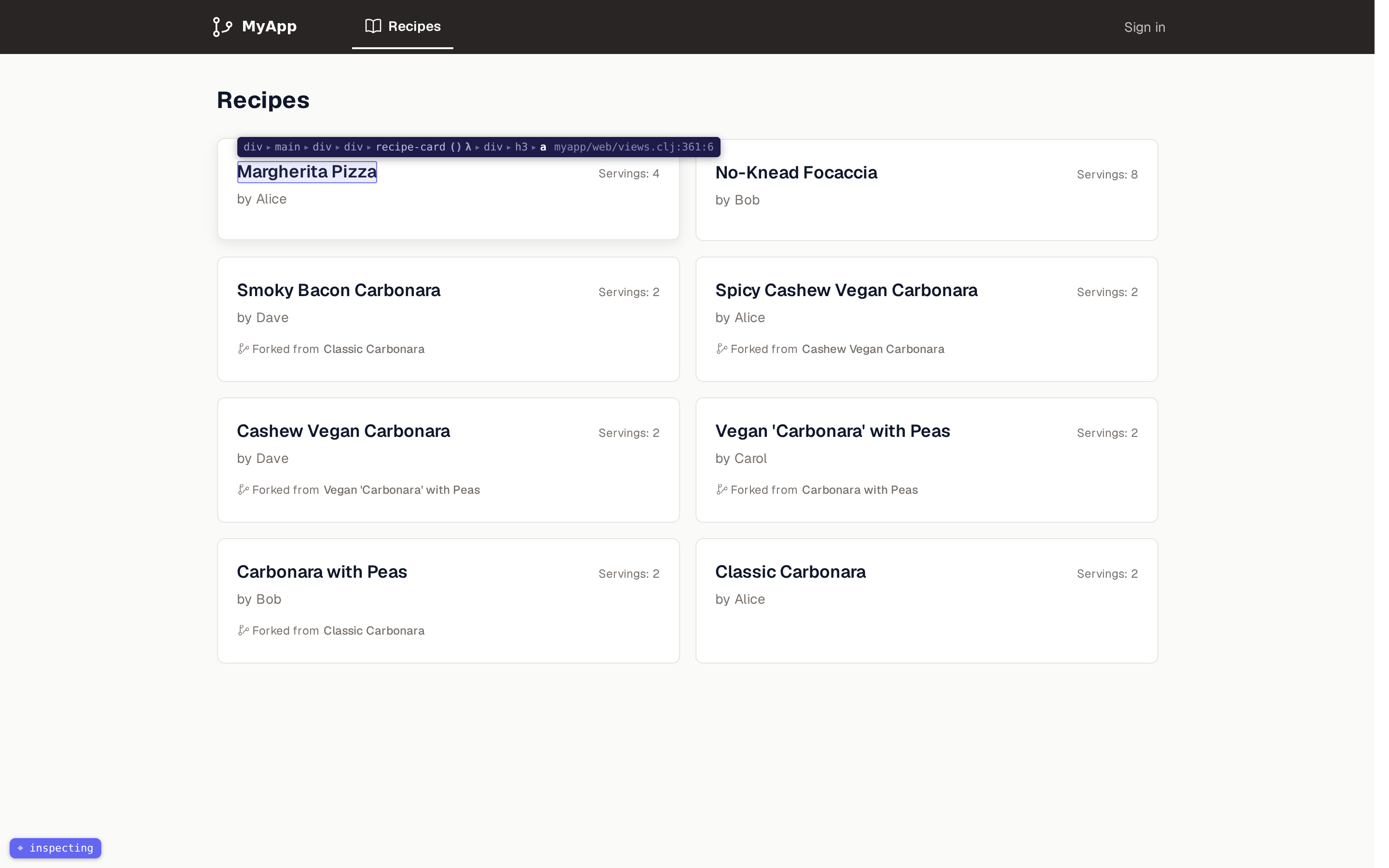 Inspect mode on: hovering a recipe title boxes it and shows the breadcrumb of its tagged ancestors, ending in the exact source location myapp/web/views.clj:361:6.